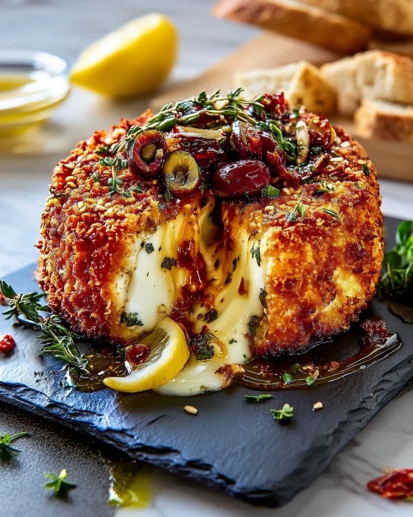 Crispy Fried Brie with Pepper Honey, Lemon-Herb Olives, and Crispy Prosciutto Recipe