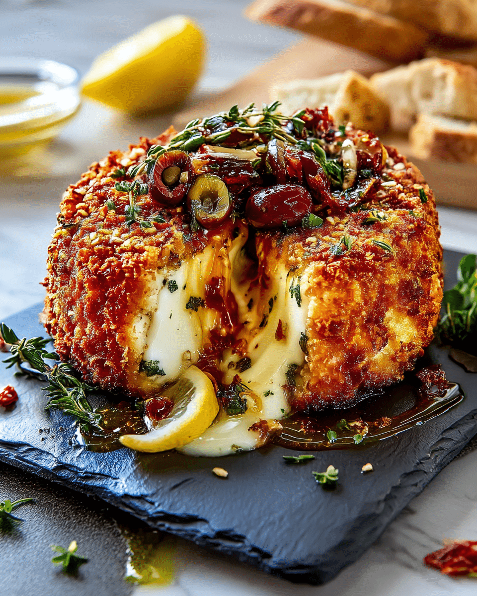 A round deep-fried cheese ball with a crispy, golden brown crumb coating is placed on a dark slate plate, cut open at the front to show melted creamy white cheese inside mixed with herbs. On top, there are dark red and green olives, sun-dried tomatoes, and fresh green herb sprigs. Around the plate edge, there are some fresh herbs and a small lemon wedge with sauce dripping onto the plate. The background is a white marbled texture with some blurred bread pieces in the back. Photo taken with an iphone --ar 4:5 --v 7