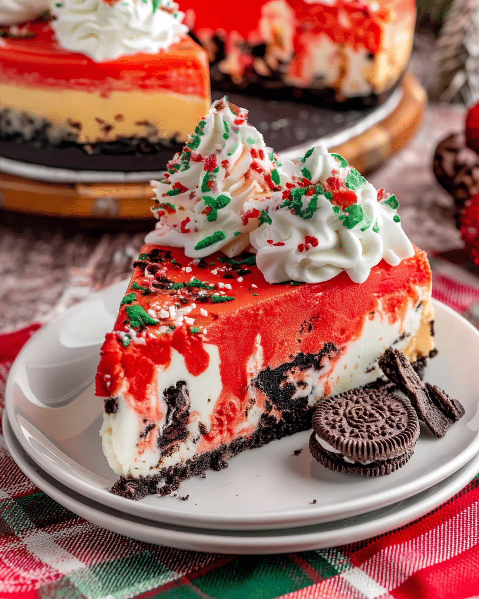 A slice of cake is shown on a white plate with speckled brown dots. The cake has three layers: a dark brown crumbly base, a thick cream layer with green and brown bits inside, and a bright red top layer. On top of the cake are three white whipped cream swirls sprinkled with red, green, and white tiny candy sprinkles. Two Oreo cookie halves also rest on the whipped cream at the center top. The plate is placed on a surface with a white marbled texture with a red and white checkered cloth visible on the left side. Photo taken with an iphone --ar 4:5 --v 7