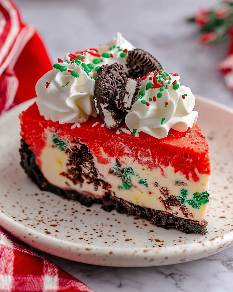 A slice of layered cheesecake is shown on a white plate. The bottom layer is a dark crumbly cookie crust, above it is a creamy white cheesecake layer with pieces of dark cookie mixed inside. The top layer is bright red with a slightly rough texture. On top, there are two swirls of white whipped cream decorated with red and green sprinkles. Next to the slice on the plate is a whole dark sandwich cookie and some broken cookie crumbs. Behind the slice, the rest of the cheesecake is visible on a black base with the same layers and whipped cream swirls. The plate sits on a red, white, and green plaid cloth with a white marbled surface in the background. Photo taken with an iphone --ar 4:5 --v 7