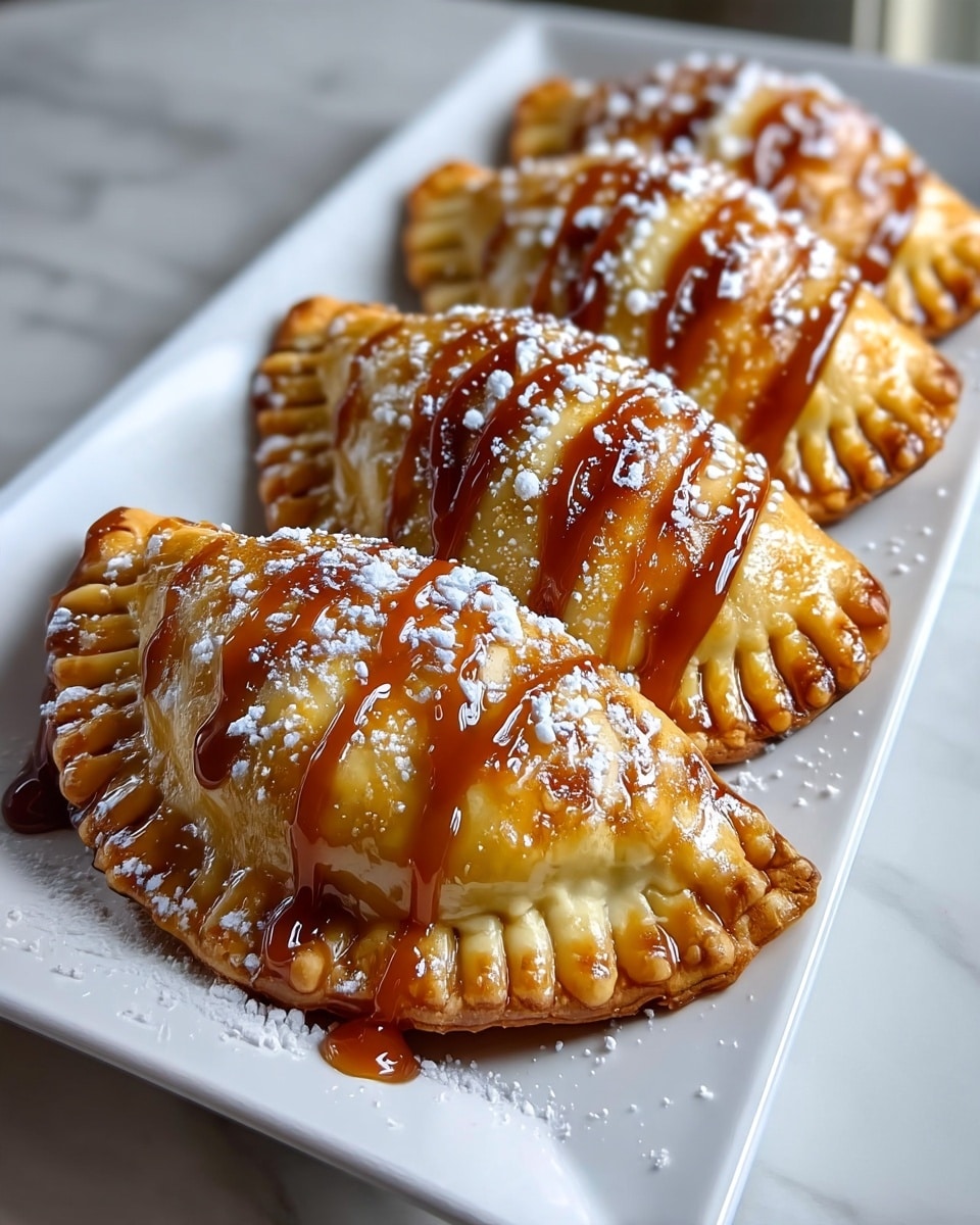 Four golden brown half-moon shaped pastries are lined up on a white rectangular plate, each with a crimped edge texture and a shiny, slightly flaky surface. The pastries are topped with light brown caramel sauce drizzled in diagonal stripes and a dusting of white powdered sugar that contrasts with the golden crust. The plate sits on a white marbled textured surface, and the warm lighting highlights the glossy caramel and the soft powdered sugar on the pastries. photo taken with an iphone --ar 4:5 --v 7