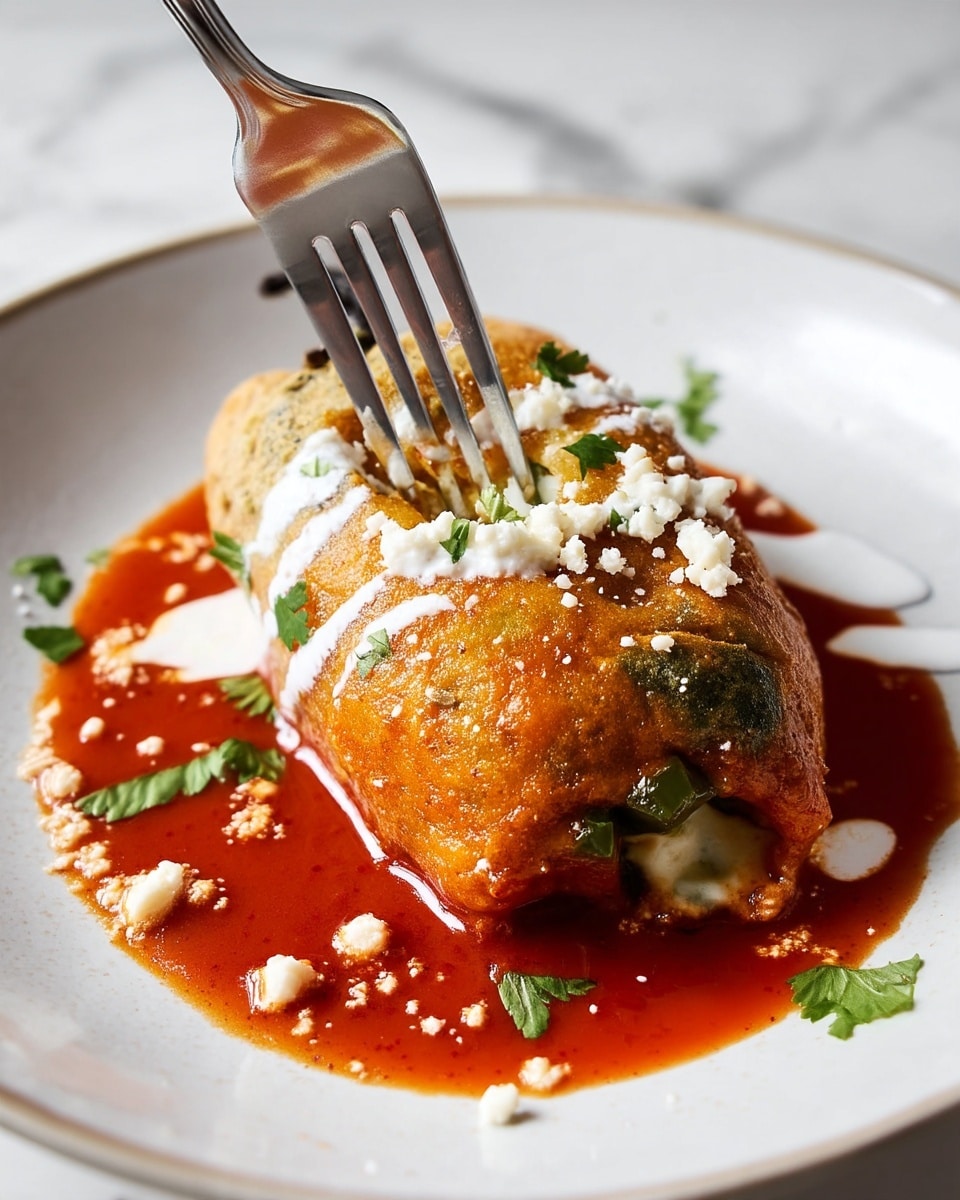 The image shows a dish with a thick, light brown fried pepper filled with melted white cheese and green pieces, placed in the middle of a white plate. The pepper is covered with a few drizzles of white cream and sprinkled with small green herb leaves and tiny white cheese crumbs. Around the pepper, there is a pool of smooth, deep red sauce spreading across the plate. A fork is cutting a piece of the pepper, pulling the melted cheese out. The plate sits on a white marbled surface. photo taken with an iphone --ar 4:5 --v 7