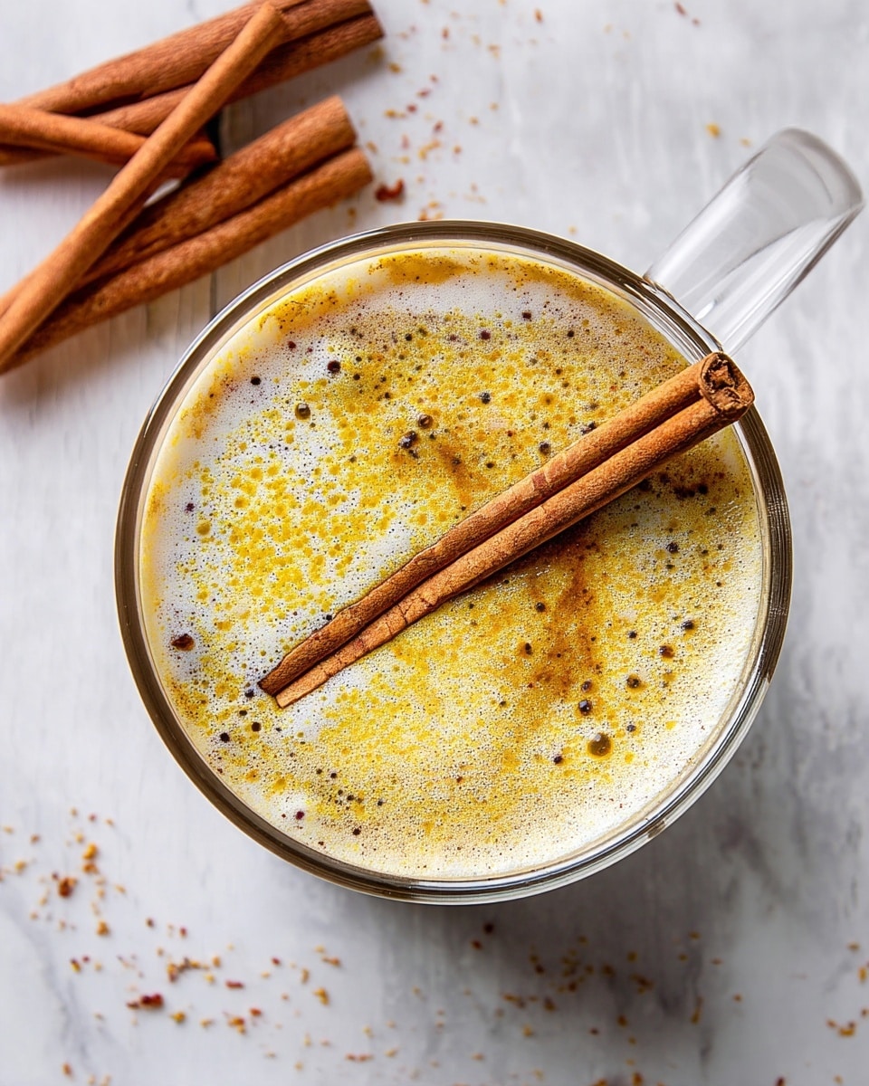 A clear glass cup filled with a creamy, light brown drink topped with frothy foam that has a dusting of yellow and brown spices spread unevenly across the surface. A single long cinnamon stick rests diagonally on top of the foam. The cup is placed on a white marbled texture surface, and in the top left corner, there are a few whole cinnamon sticks. The texture of the drink looks smooth and slightly bubbly near the edges. photo taken with an iphone --ar 4:5 --v 7