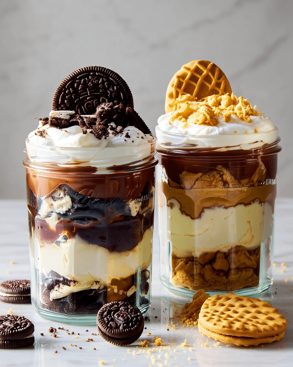 Two tall clear jars sit on a white marbled surface, each filled with layered dessert. The left jar has a bottom layer of crushed dark chocolate cookies, followed by a thick pale cream layer, then a smooth dark chocolate layer, topped with white whipped cream. It is garnished with a whole chocolate cookie standing up and more cookie crumbs. The right jar has a bottom layer of crumbled golden cookies, a thick pale cream layer above it, then a layer of rich caramel, topped with white whipped cream. It is garnished with a whole golden cookie standing up and cookie crumbs. There are extra cookies scattered around the bases of the jars. photo taken with an iphone --ar 4:5 --v 7