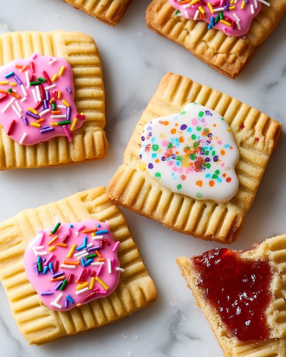 The image shows four square-shaped cookies on a white marbled surface, each with a crimped edge and pressed grid pattern on top. Three cookies have one layer of smooth icing on top: two with a pink icing layer sprinkled with small, colorful cylindrical sprinkles, and one with white icing topped with small, colorful sugar crystals. The fourth cookie is broken in half, revealing a layer of red jam inside and white icing with colorful sprinkles on the outside. The cookies are light golden brown and have a slightly crumbly texture. photo taken with an iphone --ar 4:5 --v 7