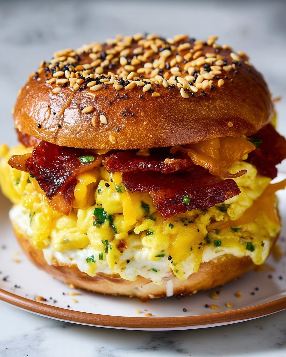 The image shows four toasted bagel sandwiches arranged in a white baking dish on a white marbled surface. Each bagel has a golden-brown crust speckled with mixed seeds like sesame and poppy seeds. Inside, there are three main visible layers: a scrambled egg layer with a soft yellow color, a layer of crispy bacon visible slightly beneath the egg, and a melted cheddar cheese layer that peeks out between the egg and bacon. To the side of the baking dish, there is a small white bowl filled with shredded cheddar cheese and two cracked white eggshells lying nearby on the white marbled surface. photo taken with an iphone --ar 4:5 --v 7
