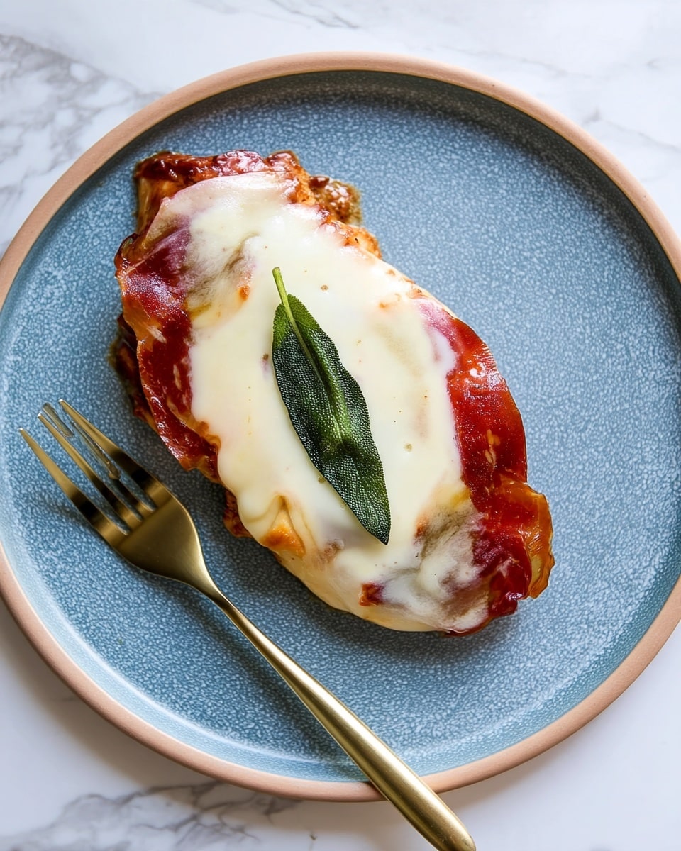 A single piece of cooked chicken breast sits on a white plate with a smooth speckled blue center and a beige rim. The chicken is topped with a thin layer of reddish-brown prosciutto that covers the bottom half, followed by a thick, melted white layer of cheese that blankets the chicken mostly to the edges, leaving a slight outline of prosciutto underneath. On top of the cheese, a fresh dark green sage leaf is placed lengthwise in the center. A gold fork rests on the right edge of the plate. The plate is set on a white marbled surface. photo taken with an iphone --ar 4:5 --v 7