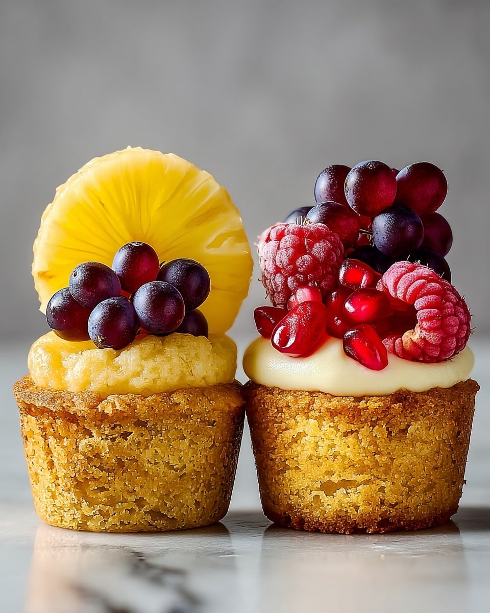 Two small golden brown cupcakes are set close together on a white marbled surface. Each cupcake has a rough textured base with a soft, crumbly look. The left cupcake is topped with a single bright yellow pineapple slice that stands upright. The right cupcake has a creamy white layer on top, crowned with a bunch of juicy, dark purple grapes, some bright red raspberries curled around the grapes, and a few shiny red pomegranate seeds in front. The background is a soft, grayish tone, making the colors of the fruits pop. photo taken with an iphone --ar 4:5 --v 7