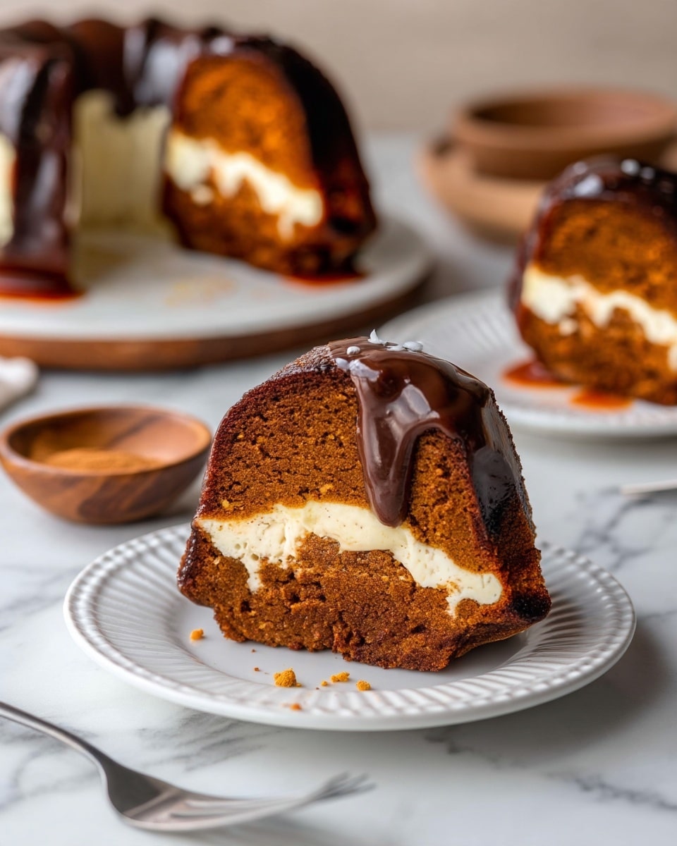 A slice of bundt cake sits on a white plate with a white marbled surface underneath. The cake has two main layers: a thick, moist, brown cake layer on top and bottom with a creamy, light beige filling layer in the middle. The cake is coated with glossy dark chocolate glaze that drips slightly down the sides. In the background, another slice of the same cake is visible on a white plate. A wooden bowl with cinnamon powder and a metal fork are placed near the front of the scene. photo taken with an iphone --ar 4:5 --v 7
