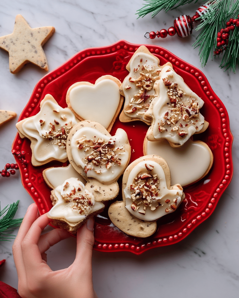 The image shows a variety of Christmas-themed cookies placed on a metal cooling rack over a white marbled textured surface. The cookies come in shapes like stars, trees, mittens, and hearts, each having a light tan base with small dark spots indicating nuts or spices within the dough. Each cookie has one thick layer of smooth white icing on top, unevenly spread, and covered with chopped brown nuts scattered across the icing. In the corner, a white Christmas ornament with green patterns and a red and white striped cloth partially appear. One mitten-shaped cookie is missing a large bite from one side. Photo taken with an iphone --ar 4:5 --v 7