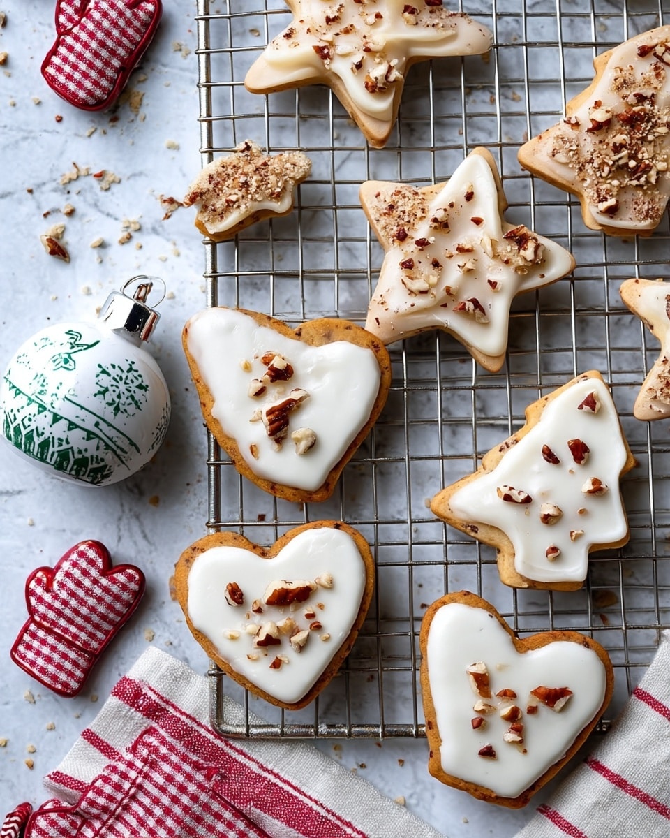 A red plate filled with two-layered cookies in heart, star, and tree shapes. Each cookie has a bottom layer of light brown dough with small dark specks and a top layer of white icing that follows the cookie shapes, sprinkled with chopped nuts. Some cookies are stacked, showing the thickness of the dough and icing. Around the plate, there are plain cookies without icing on a white marbled texture. A woman's hand is breaking a heart-shaped cookie on the left side. Small Christmas decorations with red berries and green pine are near the bottom left corner. Photo taken with an iphone --ar 4:5 --v 7