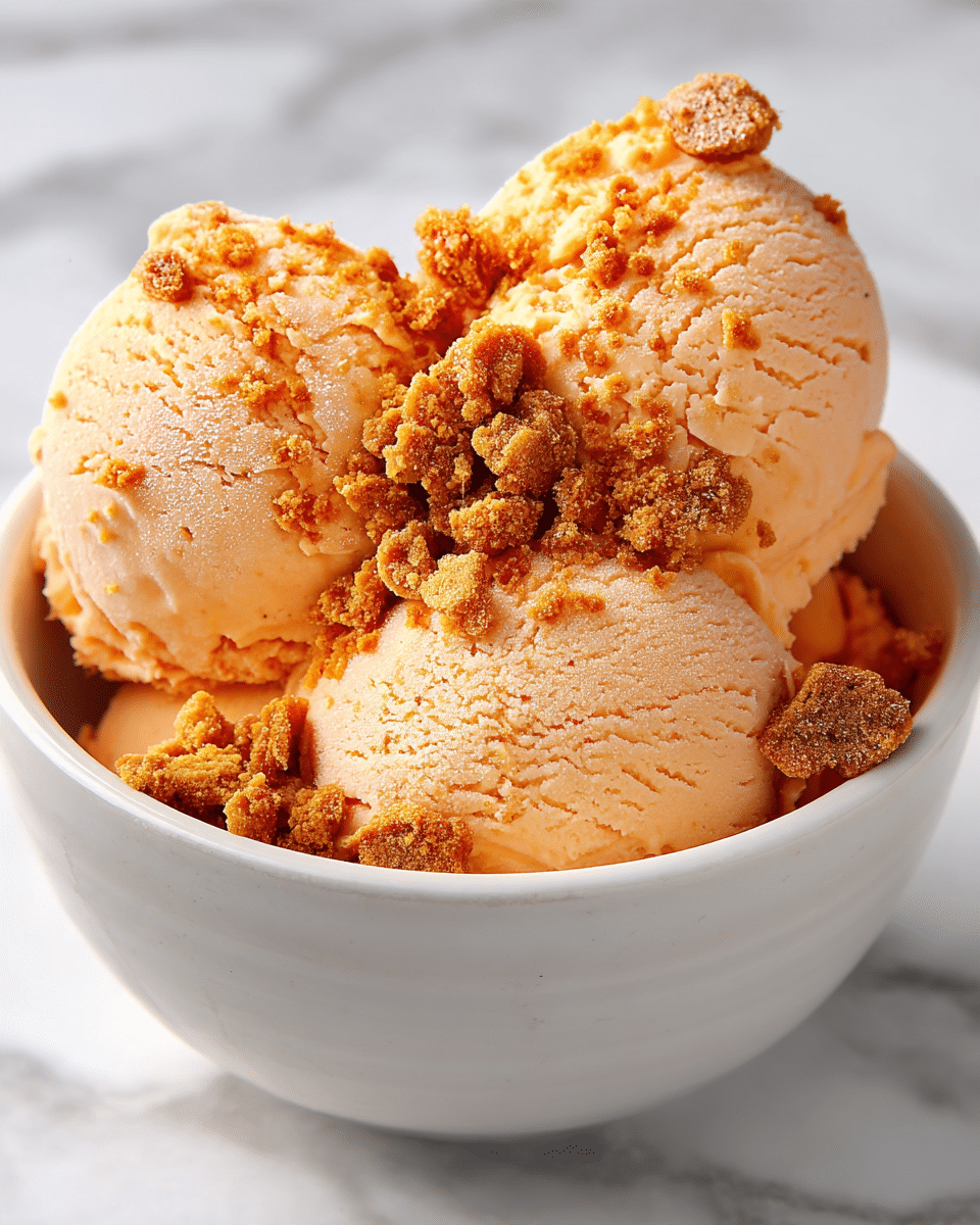 A close-up view of three scoops of light brown ice cream in a white bowl, each scoop smooth with a slightly grainy texture. On top of the ice cream and between scoops are crunchy, dark golden-brown cookie crumbs adding texture and contrast. The bowl sits on a white marbled surface, with the light softly highlighting the creamy and crumbly details. photo taken with an iphone --ar 4:5 --v 7