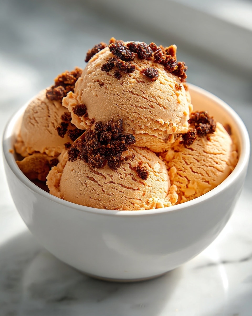 A close-up view of three scoops of light orange ice cream in a white bowl, each scoop showing a smooth texture with tiny ice crystals on the surface. The ice cream is topped with crumbled pieces of golden-brown cookie bits scattered unevenly, adding a rough, crunchy texture on top and between the scoops. The bowl sits on a white marbled surface with a soft warm background that contrasts the creamy tones of the ice cream. photo taken with an iphone --ar 4:5 --v 7