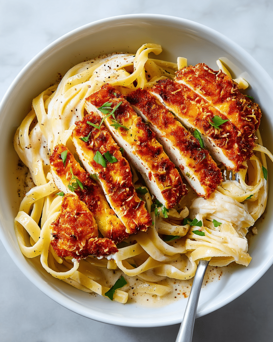 A white bowl holds creamy fettuccine pasta coated in a smooth, light beige sauce with visible black pepper specks. On top, there are five thick slices of crispy golden brown breaded chicken arranged in a row from left to right, with a crunchy texture and sprinkled with fresh green parsley leaves. The pasta twists and curls beneath the chicken, with some noodles lifted inside a silver fork resting at the bottom right. The whole dish sits on a white marbled surface. photo taken with an iphone --ar 4:5 --v 7
