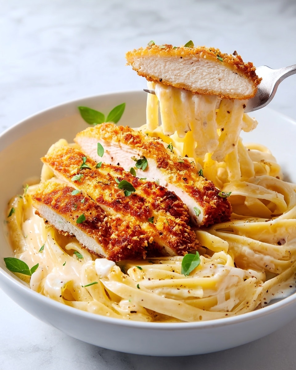 A close-up view of a white bowl filled with creamy fettuccine pasta covered in a smooth, light-colored sauce with specks of black pepper. On top of the pasta lie three thick slices of crispy, golden-brown breaded chicken breast garnished with small green herb leaves, adding color contrast. A fork lifts a portion of the pasta wrapped in sauce with one triangular piece of the breaded chicken resting on it, showing the tender white meat inside. The bowl is set on a white marbled surface, giving a clean and bright background. Photo taken with an iphone --ar 4:5 --v 7