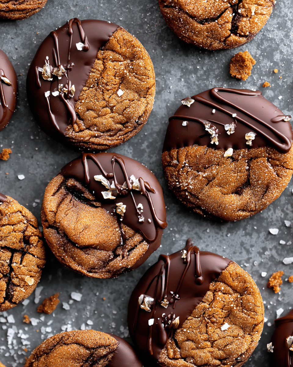 The image shows several round cookies that have a cracked, crumbly brown surface with a textured sugar coating. Each cookie is dipped halfway in dark chocolate, which has a smooth, shiny finish and is decorated with thin chocolate lines and small flakes of sea salt on top. The cookies are placed closely together on a dark gray surface with a white marbled texture. There are small crumbs scattered around the cookies. photo taken with an iphone --ar 4:5 --v 7