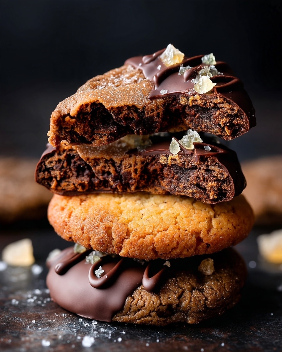 A close-up view of a stack of three cookies on a dark surface with a deep black background. The bottom cookie is rich dark chocolate dipped halfway, with smooth shiny chocolate coating and small chocolate lines on top. Above it is a slightly cracked, golden-brown cookie with a sugary texture. The top cookie is broken in half, showing a moist, crumbly inside and a slight sugar coating on the edges, partially covered with a smooth layer of melted dark chocolate with small pieces of translucent candied ginger and some cocoa dust on top. photo taken with an iphone --ar 4:5 --v 7