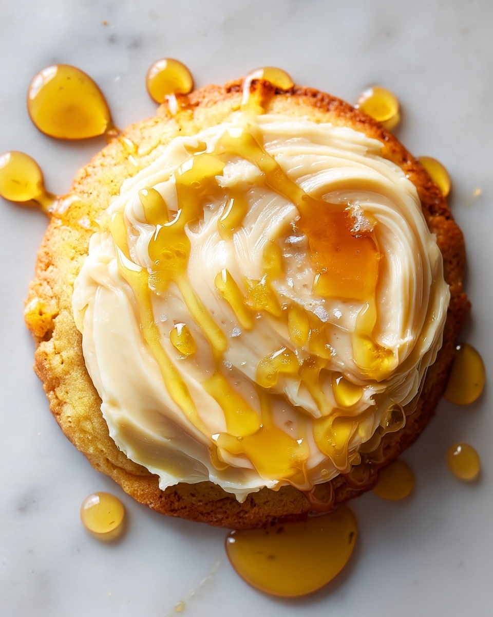 A tall stack of seven golden-brown thick cookies is shown, each cookie separated by a creamy white filling layer oozing slightly at the edges. The top cookie is covered with thin slices of banana and dripping golden honey running down the sides, pooling at the base on a white marbled surface. The cookies have a rough, crumbly texture with some cracks and uneven edges, and the creamy filling looks smooth and rich between each cookie. The background is made of blue-green tiles arranged in a grid. Photo taken with an iphone --ar 4:5 --v 7