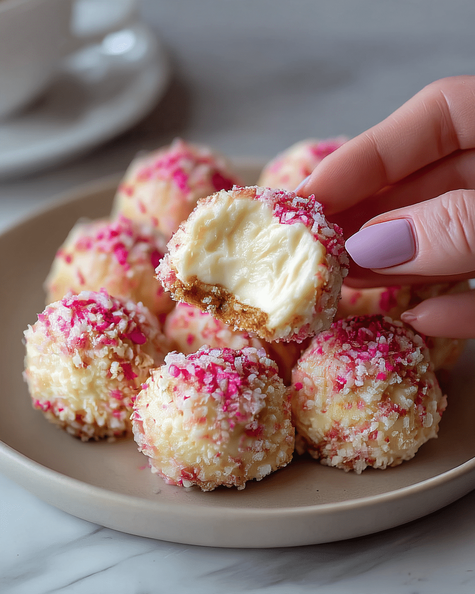 A close-up image shows eight round dessert balls on a white plate resting on a white marbled surface. Each ball has three layers: the outer layer is covered with coarse white and pink sugar crystals giving it a rough texture with a sparkling effect, the middle layer is creamy white and smooth, and the bottom layer is a thin, light brown crumbly crust visible in the bitten ball. A woman's hand with lavender-painted nails gently holds the bitten dessert ball near the top right, highlighting the creamy inside. The photo is detailed and softly lit, bringing focus to the texture and layers of the treats. photo taken with an iphone --ar 4:5 --v 7