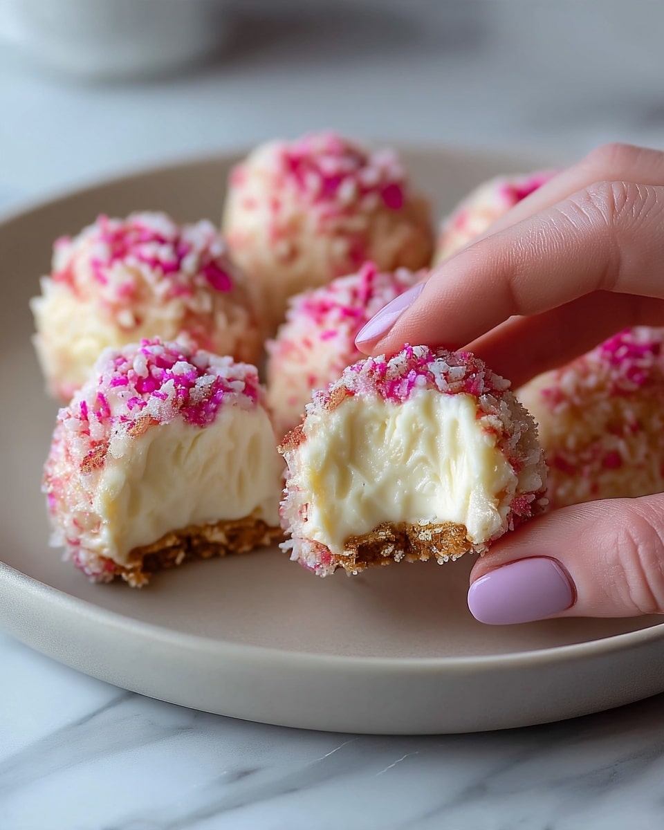 The image shows a close-up of small, round dessert balls arranged on a white plate with a smooth rim, placed on a white marbled surface. Each ball has three visible layers: a crumbly light brown base at the bottom, a thick creamy white middle filling, and a textured outer coating made of small white and pink sugar crystals. One of the dessert balls is held delicately by a woman's hand with light purple nail polish, showing a bite taken out of it to reveal the creamy center and crumbly base inside. The light shines softly, highlighting the sugar crystals' sparkle and the smooth cream texture. photo taken with an iphone --ar 4:5 --v 7