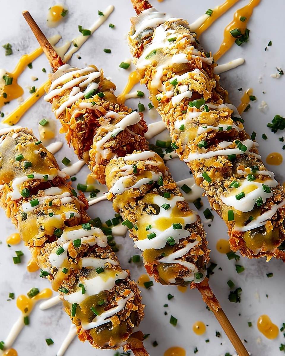 Three skewers of crispy golden fried food, each with about five round pieces. The fried pieces have a rough, crumbly texture and are topped with drizzles of white creamy sauce and some yellow sauce. Small green chopped herbs are sprinkled over the top, adding bright color. The skewers are placed on a white marbled textured surface with some sauce drops around them. Photo taken with an iphone --ar 4:5 --v 7