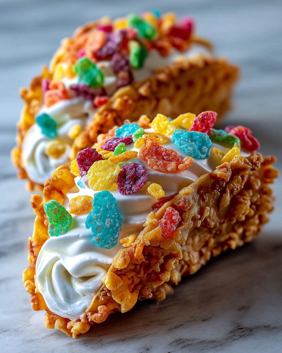 Two crunchy, golden-brown taco shells form the base, each filled with smooth, white cream swirled in soft peaks. On top of the cream, there is a colorful layer of small, bright cereal pieces in red, blue, green, yellow, and orange, giving a sugary texture. The taco shells are resting close together on a surface with a white marbled texture, and the focus captures the details of the cereal and cream contrast with the crispy shell. photo taken with an iphone --ar 4:5 --v 7