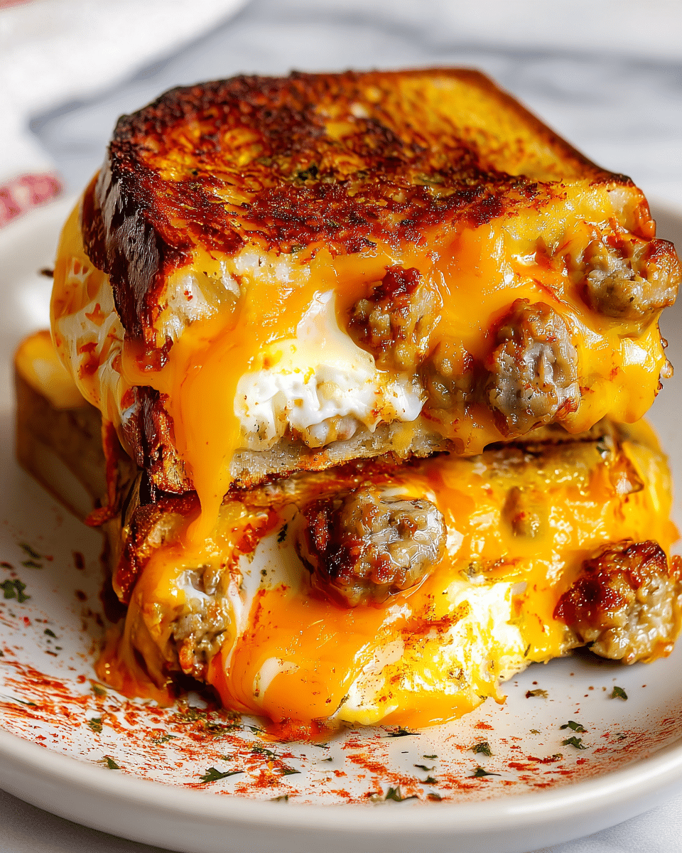 A close-up of a stacked sandwich showing two thick slices of golden-brown toasted bread with a crispy, textured crust. Between the bread layers, there is a thick, melted bright orange cheddar cheese that oozes out, surrounding small, browned sausage pieces scattered across the sandwich. There are also visible sections of white cooked egg with a soft texture underneath the cheese. The sandwich sits on a white plate with a light sprinkling of red and green seasoning around it, set against a white marbled surface. Photo taken with an iphone --ar 4:5 --v 7