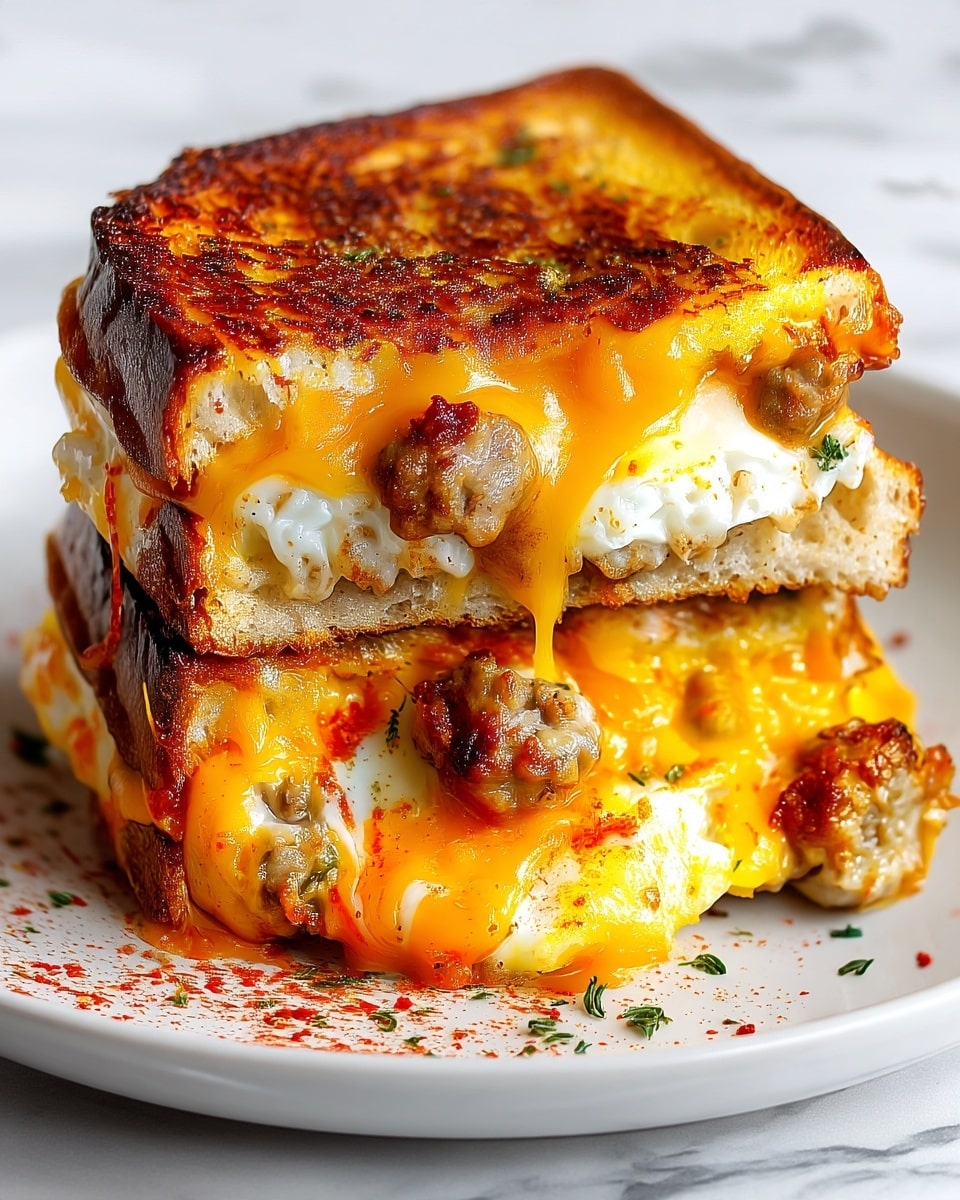 A close-up of a grilled cheese sandwich with two thick slices of golden-brown toasted bread, stuffed with bright orange melted cheddar cheese dripping out and slices of cooked sausage pieces scattered on the cheese. Between the bread layers, there is a visible layer of white melted egg, slightly creamy and soft. The sandwich rests on a white plate with a sprinkle of red seasoning and green herbs around it, and the whole scene is set against a white marbled background. Photo taken with an iphone --ar 4:5 --v 7