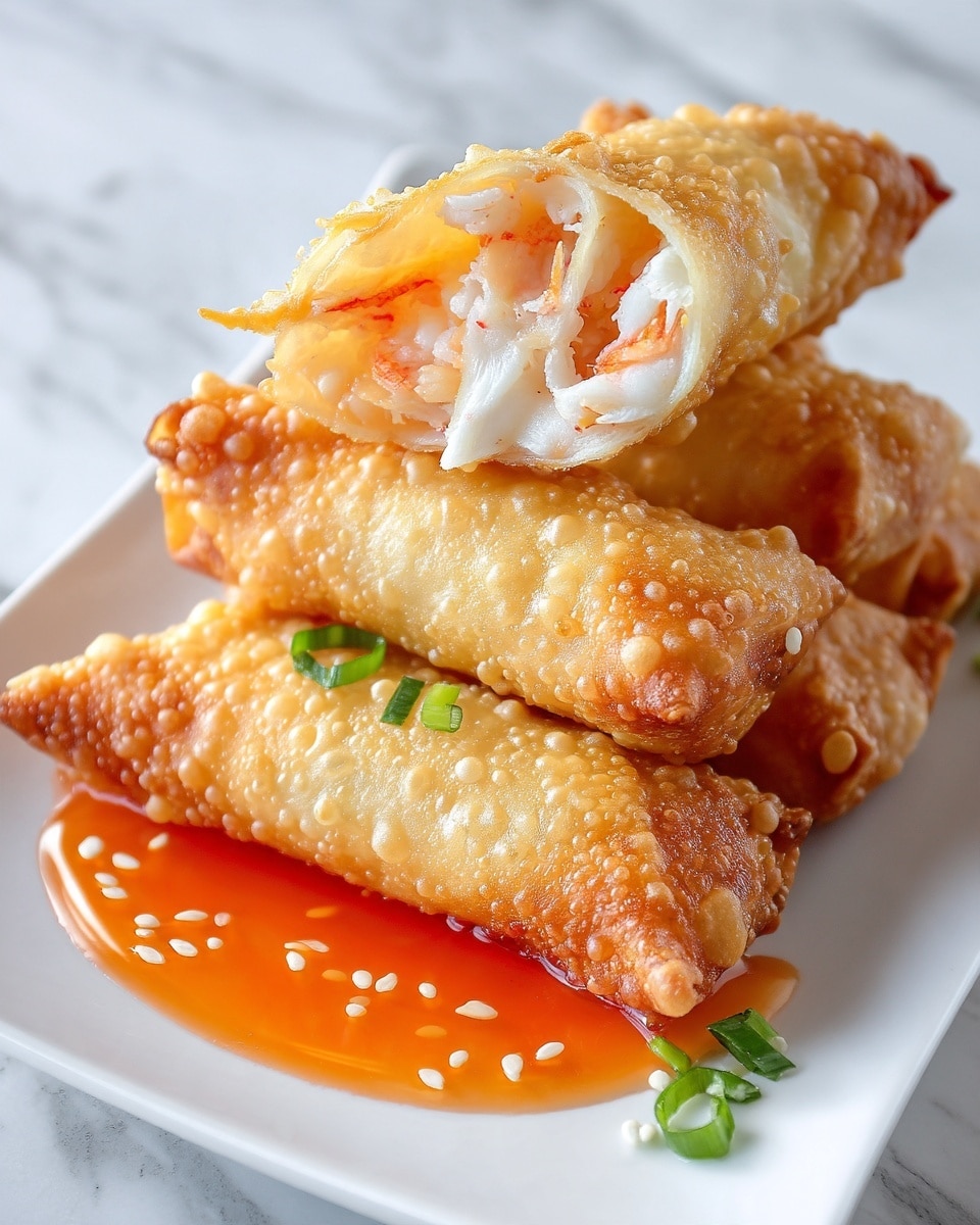 A white rectangular plate holds four golden-brown crispy spring rolls stacked diagonally, with the front one cut open to show the white and orange crab meat filling inside. The spring rolls have a bubbly, crunchy texture on their surface. They sit on a thin layer of glossy orange dipping sauce sprinkled with white sesame seeds and small green onion pieces. The background features a soft focus with a white marbled texture surface. photo taken with an iphone --ar 4:5 --v 7