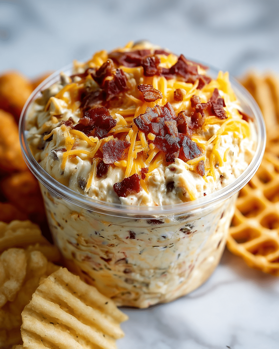 A clear round container filled with a creamy beige dip that has small flecks of herbs and bacon mixed throughout. The top layer is covered with shredded orange cheddar cheese, with scattered pieces of crispy dark reddish-brown bacon bits on top. The container is set on a white marbled texture, surrounded by golden waffle fries, with a blurred background of food items. Photo taken with an iphone --ar 4:5 --v 7