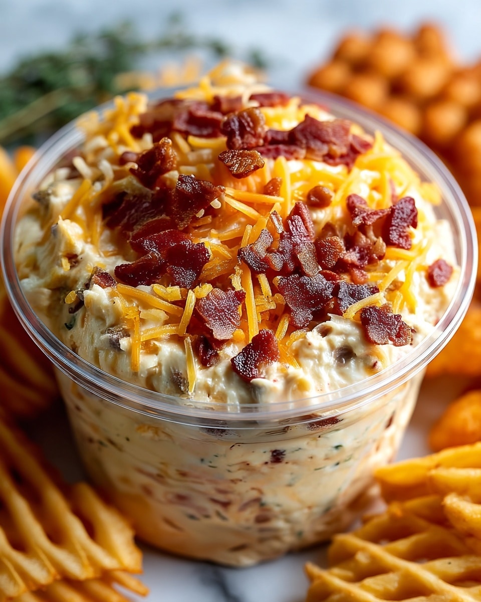 The image shows a clear round container filled with a creamy dip that has a thick texture and is speckled with small bits of ingredients, possibly herbs and bacon. The dip is topped with a generous layer of shredded yellow cheese and scattered pieces of crispy, dark brown bacon on top. The container is placed on a white marbled surface, and there are waffle-style potato chips surrounding it, giving a crunchy contrast to the creamy dip. The background is blurred, keeping the focus on the dip. photo taken with an iphone --ar 4:5 --v 7