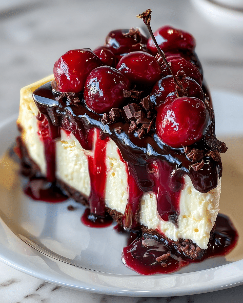 A slice of creamy cheesecake is shown with four main layers: a dark brown crumbly base at the bottom, a thick smooth pale yellow cheesecake layer in the middle, a shiny dark chocolate ganache layer on top, and a topping of glossy bright red cherries with a few small chocolate shavings scattered around. Dark red cherry sauce drips down the sides, pooling slightly at the base. The slice sits on a white plate with a white marbled surface in the background. photo taken with an iphone --ar 4:5 --v 7