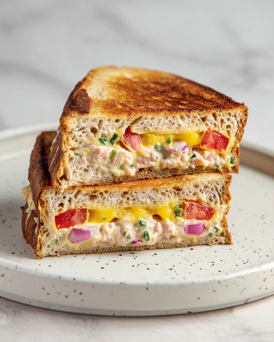 The image shows a close-up of a sandwich cut in half, placed on a white speckled plate with a white marbled background. The sandwich has two thick slices of toasted bread with a golden brown, crispy texture. Inside, there are three visible layers: melted cheese with a smooth, yellowish layer; a creamy tuna salad mixed with small bits of red onion and green herbs; and slices of fresh tomato adding a pop of red color. The sandwich is slightly pulled apart to show the creamy and chunky filling inside. Photo taken with an iphone --ar 4:5 --v 7