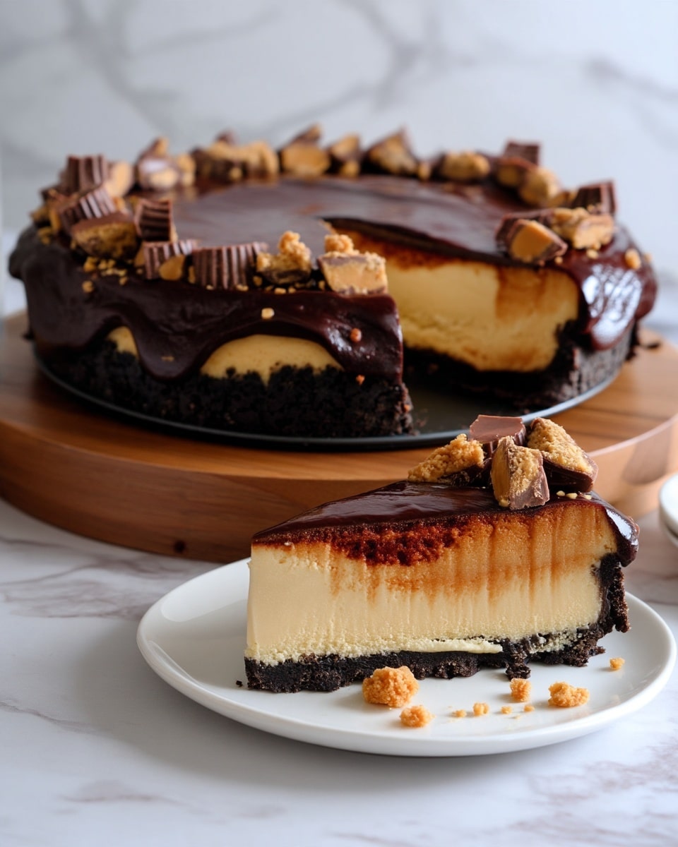 A rich dessert with three visible layers: the bottom layer is thick, crumbly, and dark brown like a cookie crust, the middle layer is smooth and light beige cheesecake, and the top layer is a shiny, dark chocolate ganache dripping slightly over the edges. Around the top edge, there are pieces of peanut butter cups and crumbled bits, adding texture and color. A slice is cut out, showing the clean layers inside. One slice sits on a white plate in the foreground. The cake rests on a wooden cake stand against a white marbled surface background. Photo taken with an iphone --ar 4:5 --v 7