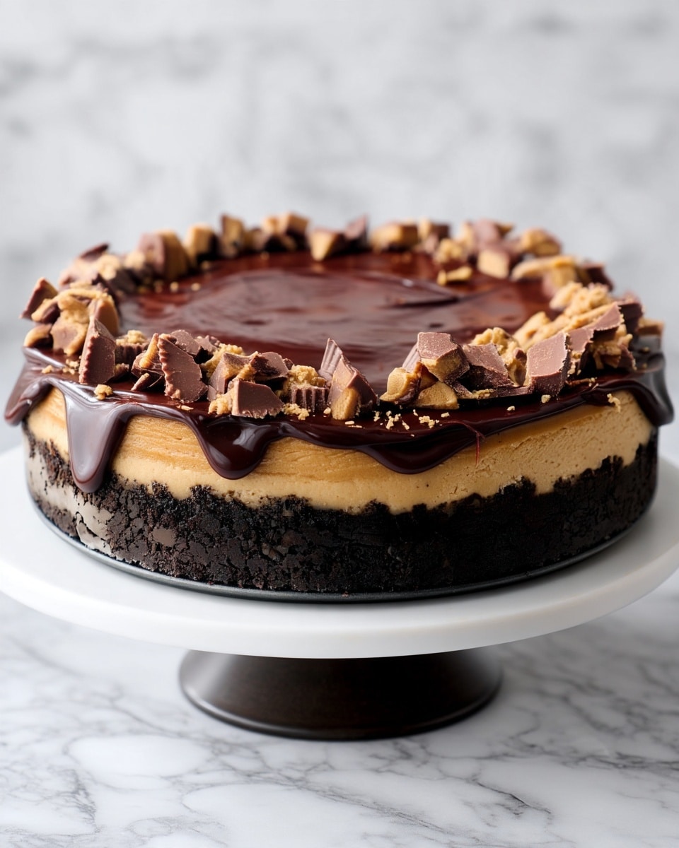 A three-layer chocolate dessert sits on a white round stand with a dark base. The bottom layer is dark and crumbly like crushed cookies, the middle layer is light tan and smooth like peanut butter filling, and the top layer is shiny, thick dark chocolate ganache that slightly drips down the sides. The dessert is topped with chopped pieces of chocolate peanut butter cups arranged around the edge, with little crumbs scattered on the ganache. The background and surface have a white marbled texture. photo taken with an iphone --ar 4:5 --v 7