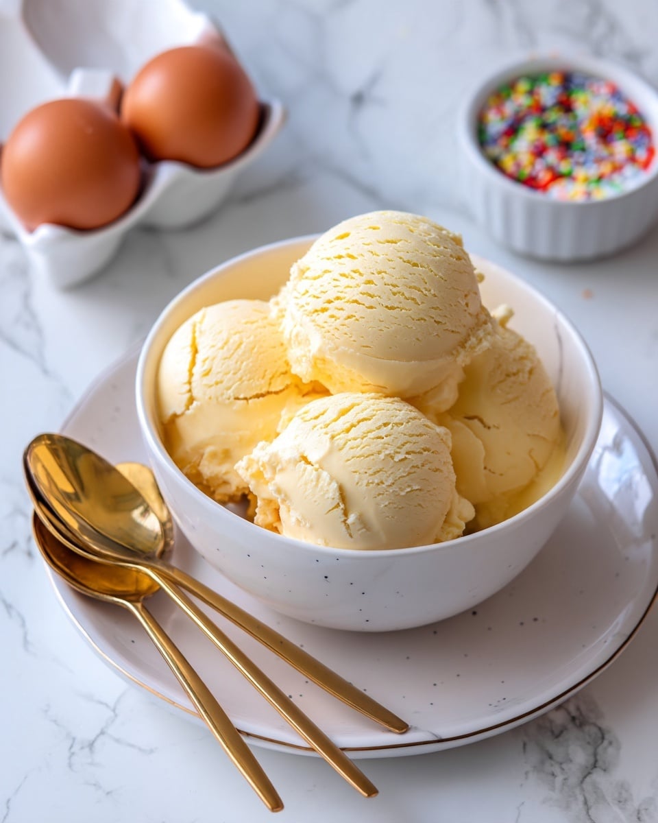 A white bowl holds five smooth, creamy yellow scoops of ice cream stacked closely together, showing a slightly soft texture at the edges. Two golden spoons rest on the left side inside the bowl. The bowl is placed on a white plate with a faint marble pattern, all set on a white marbled surface. To the upper left of the bowl, there is a white carton holding two brown eggs, and to the upper right, a small white bowl is filled with colorful small round sprinkles. The photo has bright, natural lighting. photo taken with an iphone --ar 4:5 --v 7