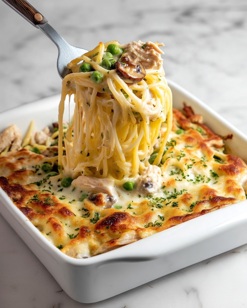 A square white casserole dish holds a creamy baked spaghetti dish with three main layers: the bottom layer is made of light cream sauce-soaked spaghetti noodles, mixed with pieces of light beige chicken and green peas; the middle layer shows sautéed mushrooms and some sprinkled herbs adding texture; the top layer is melted golden-brown cheese with browned spots and bits of green herbs sprinkled on top. A silver fork with a dark wooden handle lifts a portion of spaghetti towards the front, showing the thick creamy texture and a few pieces of chicken and peas wrapped in the noodles. The dish sits on a white marbled surface. photo taken with an iphone --ar 4:5 --v 7