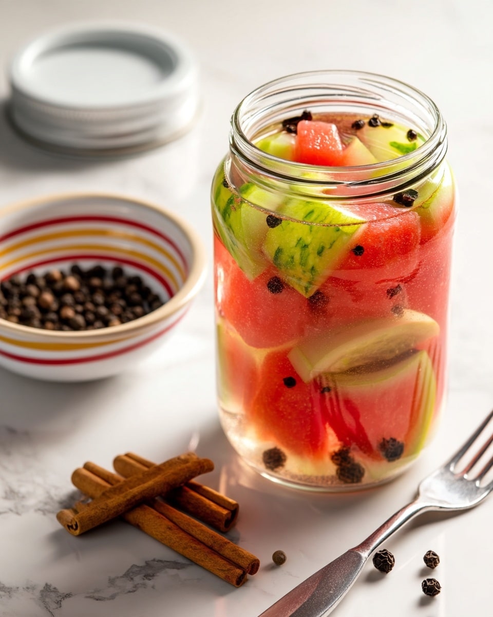 A clear glass jar is filled with pickled slices of watermelon rind, showing three main layers: the bright green outer skin, a white inner layer, and a reddish-pink middle layer, all soaked in a light brine with floating spices like cloves. A silver fork held by a woman's hand lifts one curved slice above the jar. The jar sits on a white round board with two cinnamon sticks placed nearby, all on a white marbled surface. In the background, there is a white bowl with black peppercorns. The image has bright lighting and a fresh, clean look. photo taken with an iphone --ar 4:5 --v 7