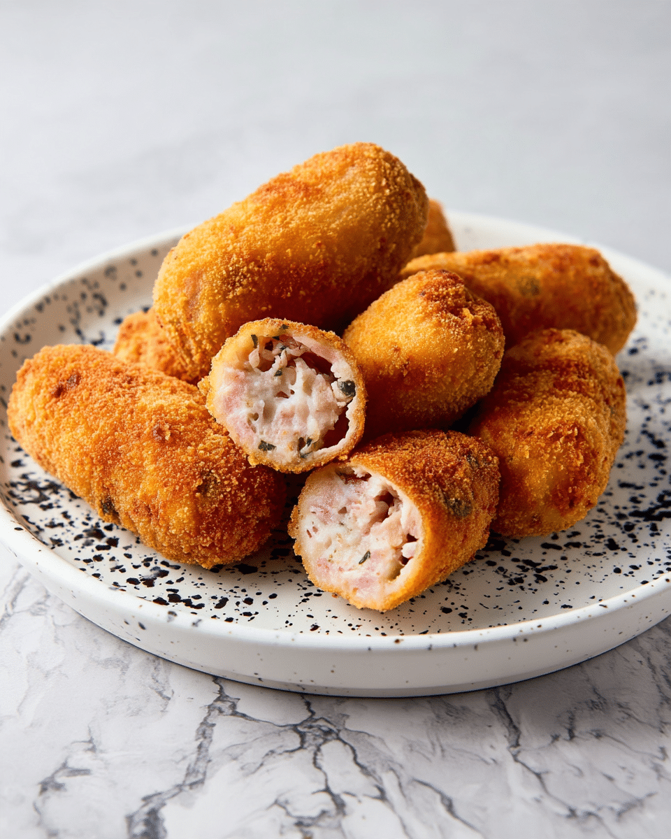 A white speckled plate filled with golden brown breaded croquettes, each oval-shaped and evenly crispy, stacked closely together covering the plate mostly from the center outward. To the upper left, a white bowl containing coarse salt and black pepper is partially visible over a beige cloth with red stripes, while at the lower right corner, a portion of a small white bowl with creamy white dipping sauce rests on a white marbled surface. Photo taken with an iphone --ar 4:5 --v 7