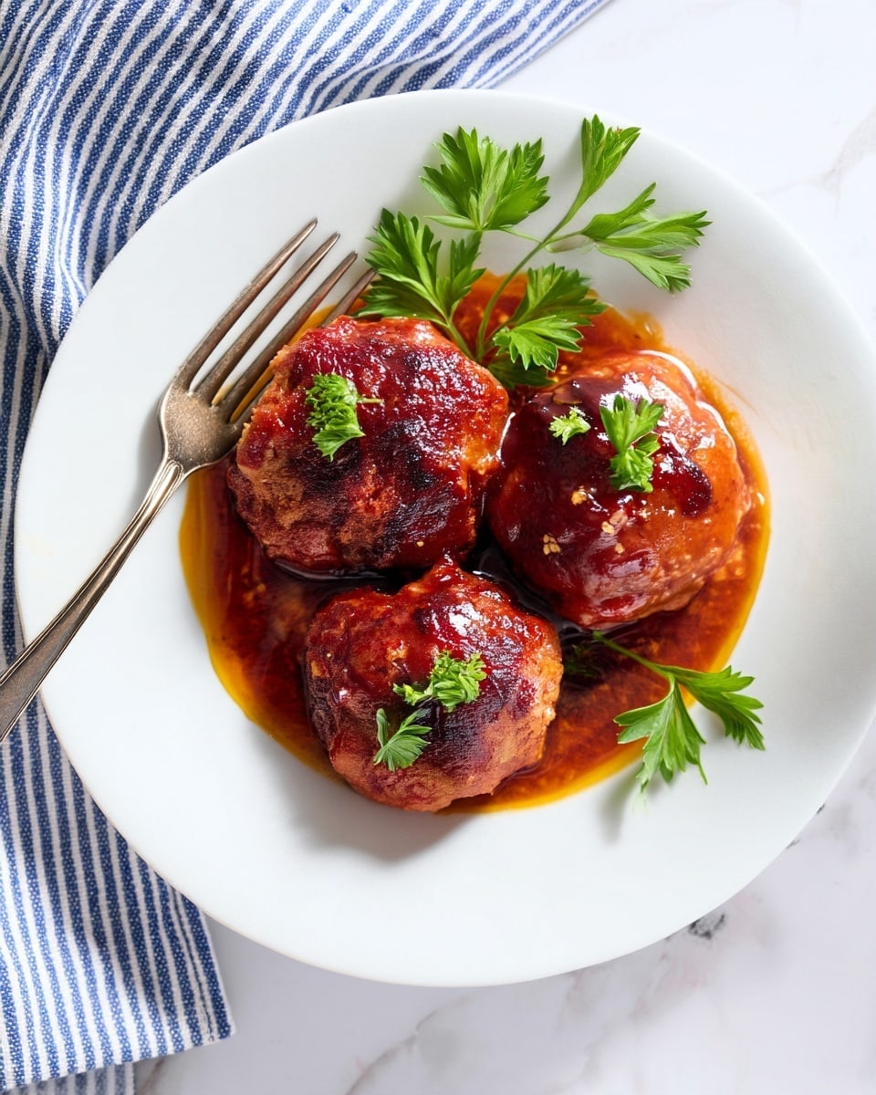 A white baking dish filled with twelve large, browned meatballs that have a shiny, thick reddish-brown sauce coating. The meatballs are arranged in three rows of four, each with slightly charred tops, and small green parsley leaves scattered over them for garnish. The sauce is pooled around the meatballs and has splashed onto the sides of the dish, showing a rich texture and glistening surface. The dish is placed on a white marbled surface with a blue and white striped cloth partially visible at the bottom left corner. A wooden brush with sauce rests on a small white plate to the left of the baking dish. Photo taken with an iphone --ar 4:5 --v 7