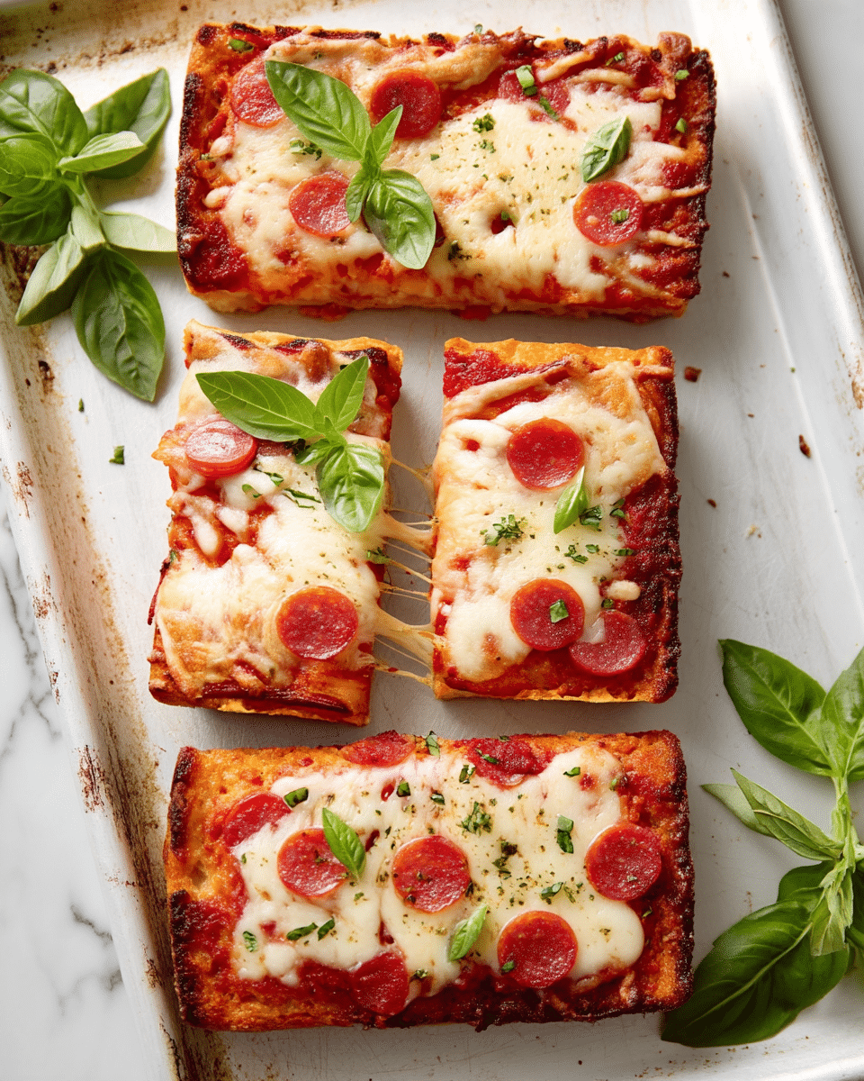 This image shows four pieces of rectangular pizza on a white baking tray with slight brown marks. Each piece has three main layers: a thick, golden brown crust at the bottom with a rough texture, a bright red tomato sauce layer in the middle, and a melted, creamy white cheese layer dotted with small round slices of red pepperoni on top. The cheese stretches slightly between the slices, showing some stringy texture. Green basil leaves and small bits of green herbs are scattered on top and around the pizza, adding fresh color. The tray sits on a white marbled surface, and a small bunch of fresh basil leaves is placed near the pizza. photo taken with an iphone --ar 4:5 --v 7