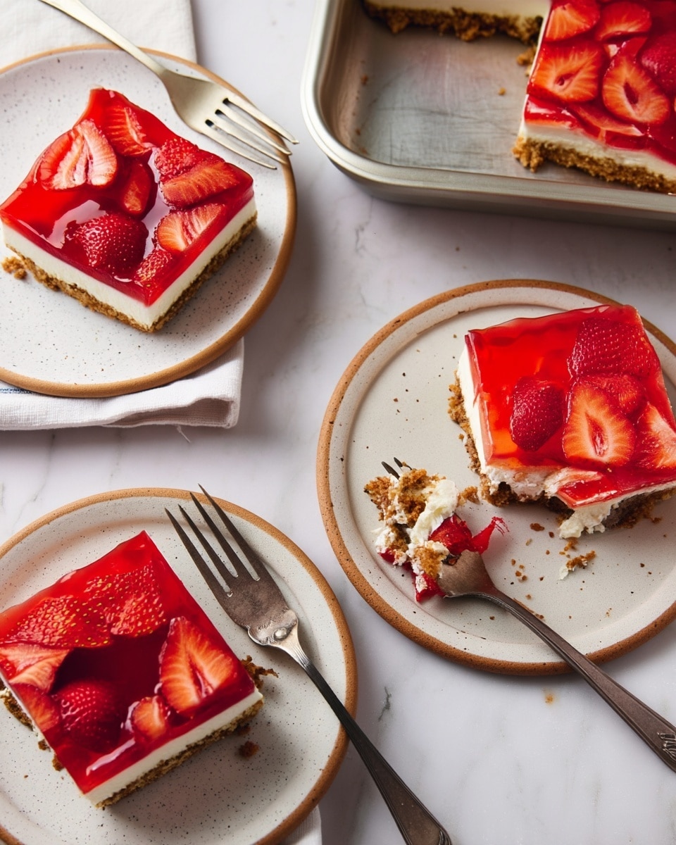 The image shows three square strawberry dessert slices, each with three clear layers: a golden brown crumbly crust at the bottom, a smooth white creamy middle, and a glossy red gelatin top with fresh sliced strawberries embedded inside. The slices are served on white plates with vintage silver forks beside or partially on them. One slice is on a speckled white plate with a red-brown rim on a white cloth, another is on a plain white plate, and the last slice is on a speckled white plate with a fork taking a bite in front. The background is a white marbled texture, and there is a baking pan with more dessert showing the multi-layered slice still inside. photo taken with an iphone --ar 4:5 --v 7
