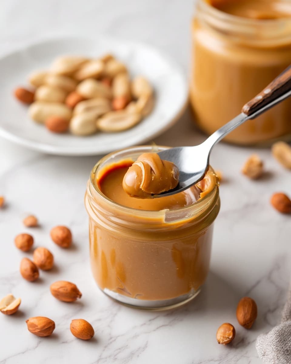 A close-up view of a glass jar filled with smooth light brown peanut butter with a shiny, creamy texture, and a silver spoon with a wooden handle scooping some peanut butter inside the jar. In the background, there is a larger glass jar of peanut butter and a white plate with whole peanuts, along with a few scattered peanuts on a white marbled textured surface photo taken with an iphone --ar 4:5 --v 7