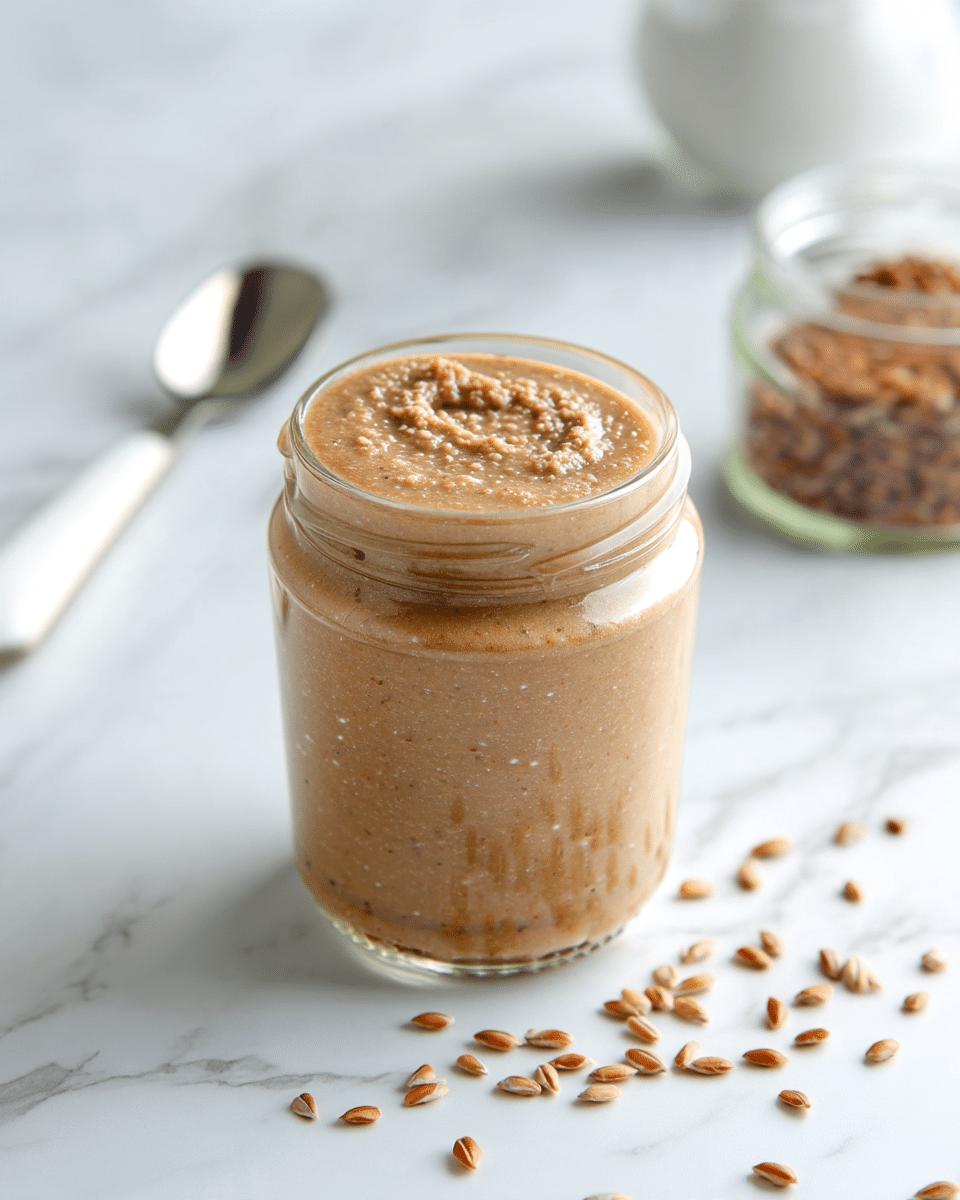 A clear glass jar is filled with a thick, creamy, light brown spread that has a slightly grainy texture visible on the top surface. The jar is positioned centrally on a white marbled surface, with some scattered light brown grains lying in the foreground near the bottom right. In the background to the right, there is another clear jar partially filled with similar grains, and to the left, a metal knife with a white handle rests slightly out of focus. The overall scene is clean and simple, emphasizing the texture and color of the spread. photo taken with an iphone --ar 4:5 --v 7