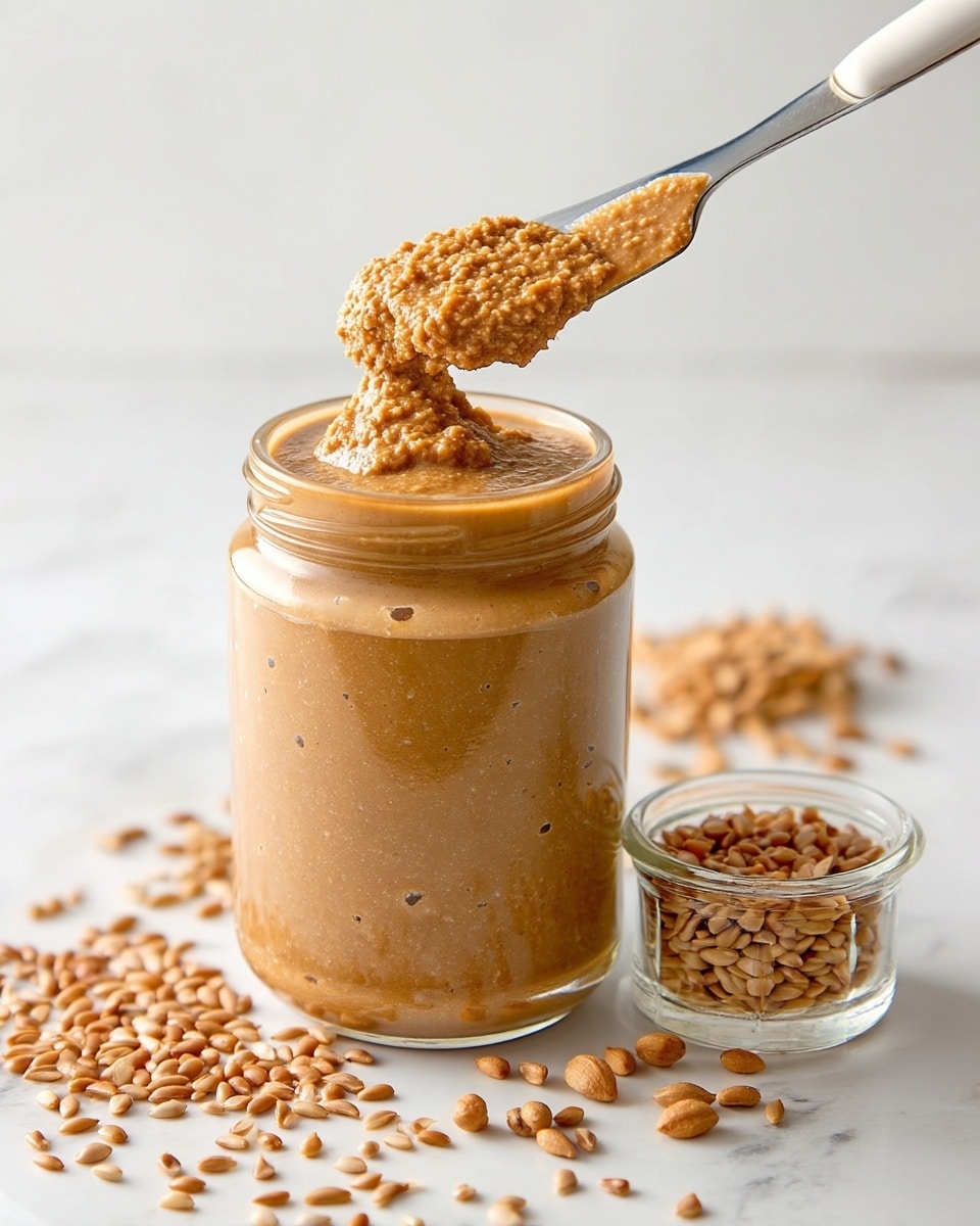A clear glass jar filled with a thick, grainy, light brown spread. A metal knife lifts a dollop of this spread above the jar, showing its chunky texture. Nearby, there is a small clear glass container holding light tan seeds, with some scattered on a white marbled surface around it. The background is plain with a soft white color, keeping the focus on the jar and spread. photo taken with an iphone --ar 4:5 --v 7