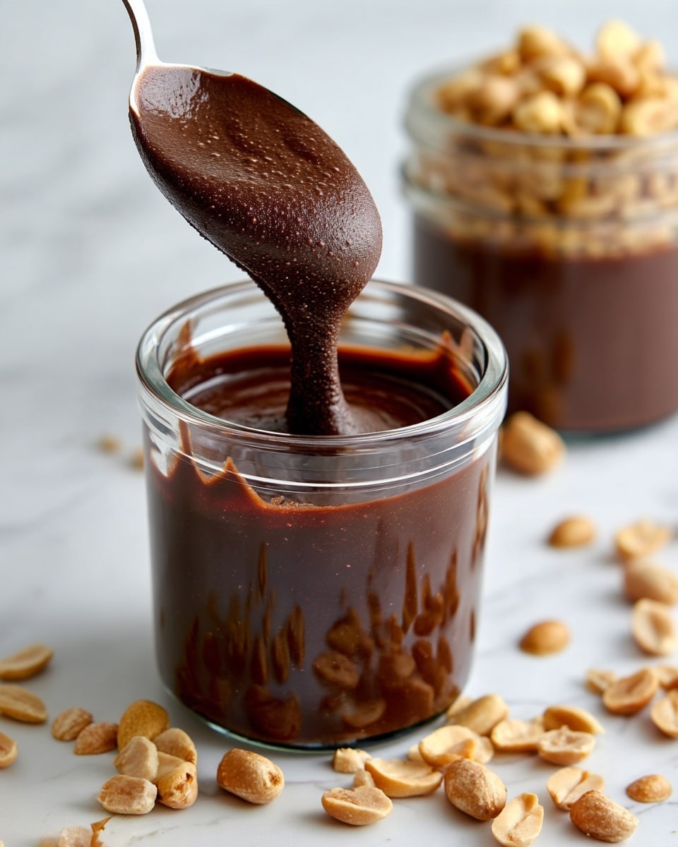 A clear glass jar filled with thick dark brown chocolate spread is shown against a white marbled texture background. A spoon lifts some of the chocolate spread with a smooth but slightly grainy texture, flowing slowly from the spoon back into the jar. Scattered around the jar on the white marbled surface are light tan roasted peanuts, adding a rough texture contrast to the smooth spread. Another clear jar filled with peanuts is blurred in the background on the right side, keeping the focus on the chocolate spread. photo taken with an iphone --ar 4:5 --v 7