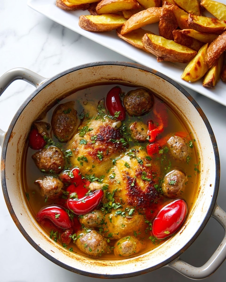 A large round white pot filled with a rich broth contains several golden-brown browned chicken pieces as the top layer. Scattered around the chicken are small round browned sausage pieces and bright red roasted whole peppers that add contrast. The broth is clear with hints of green herbs sprinkled on top, giving a fresh look. Above the pot, a white tray lined with parchment paper holds golden, crisp roasted potato wedges, some of which have a darker browned edge. The whole scene is set on a white marbled surface. photo taken with an iphone --ar 4:5 --v 7