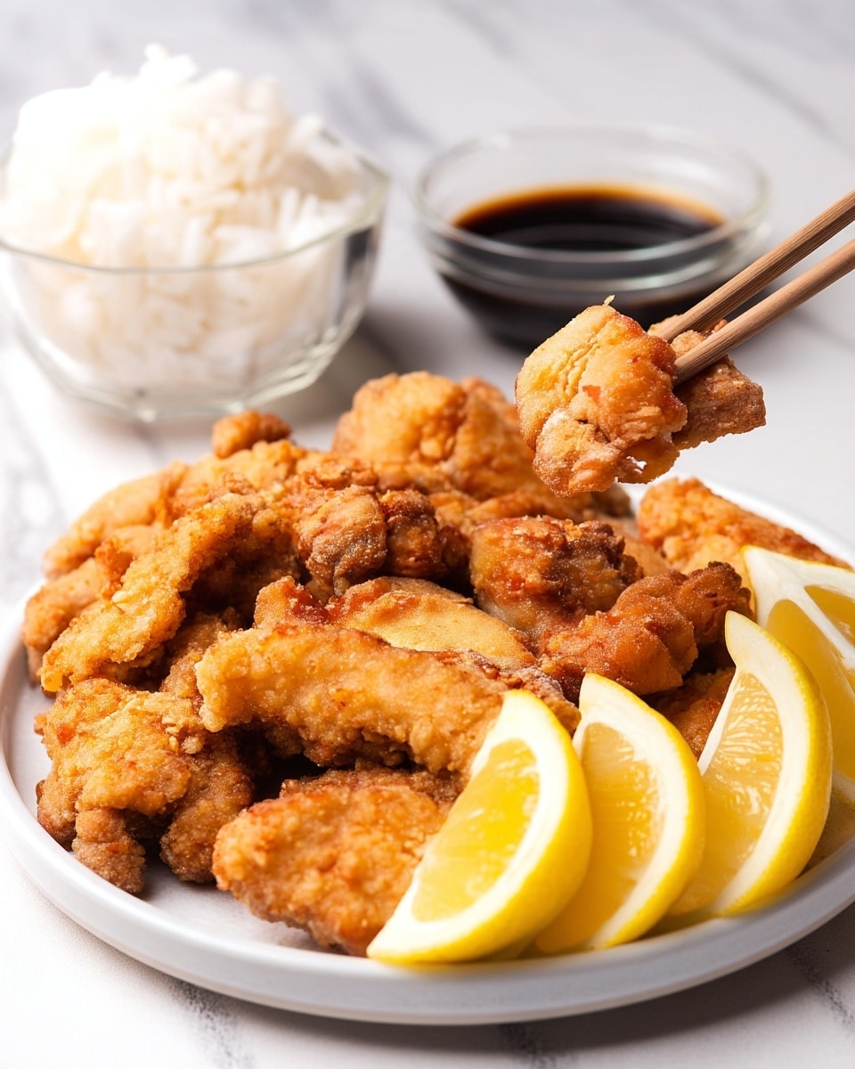 A white plate is filled with many pieces of golden-brown fried chicken, each piece showing a crispy, textured coating with some darker fried spots. On the right side of the plate, there are three wedge pieces of fresh yellow lemon placed close together, adding a bright contrast. Above the plate, a clear glass bowl holds a portion of plain white steamed rice, with the rice grains clearly visible and soft in texture. The whole scene is set on a white marbled surface, adding a clean and bright background. photo taken with an iphone --ar 4:5 --v 7
