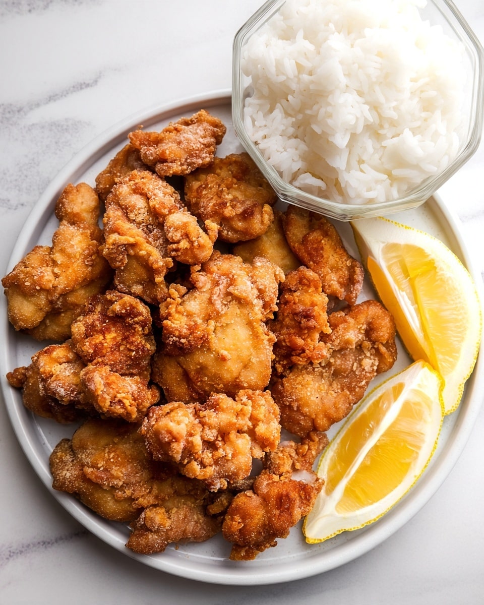 A white plate filled with many pieces of crispy golden-brown fried chicken all over, showing a crunchy texture. Next to the chicken on the right side are three lemon wedges with bright yellow peel and pale yellow inside. Above the plate on the right side, a pair of light brown wooden chopsticks hold one piece of the fried chicken, showing its detailed crunchy breading. In the background, slightly out of focus, there is a clear glass bowl full of white rice and to the left of it a white bowl with dark soy sauce inside. The surface is a white marbled texture. Photo taken with an iphone --ar 4:5 --v 7