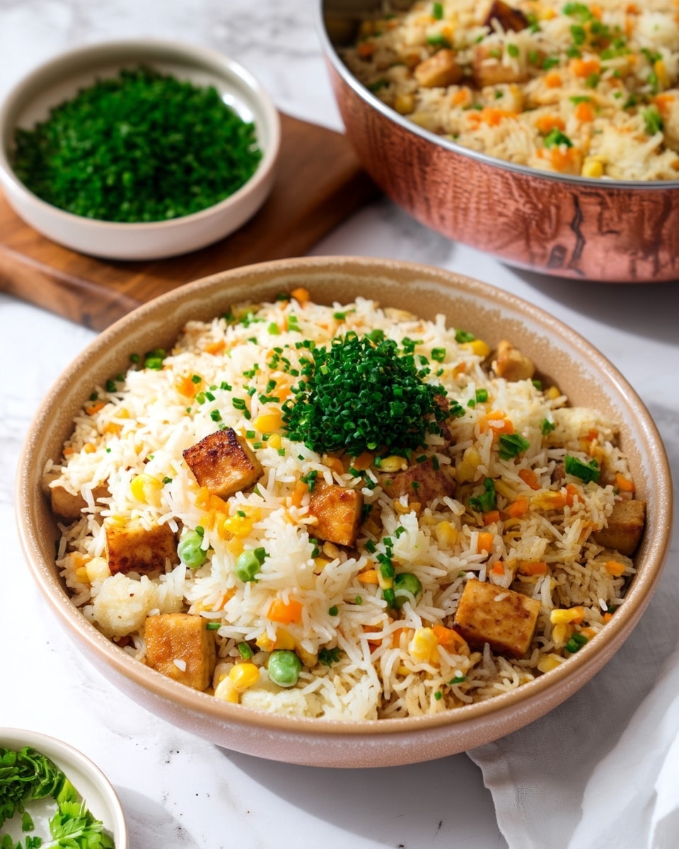 The image shows a close-up of a beige bowl filled with fried rice, layered with white rice mixed with small orange carrot cubes, light yellow corn kernels, green peas, and golden brown crispy tofu pieces scattered throughout. The rice is topped with a small pile of bright green chopped chives, adding a fresh touch. In the background, there is a larger copper-colored bowl also filled with the same fried rice mix, sitting on a white marbled surface. To the left is a small white bowl with more chopped chives. A white cloth lies on the right side of the scene. The texture of the rice is fluffy, with the tofu pieces showing a slightly crisp surface. photo taken with an iphone --ar 4:5 --v 7